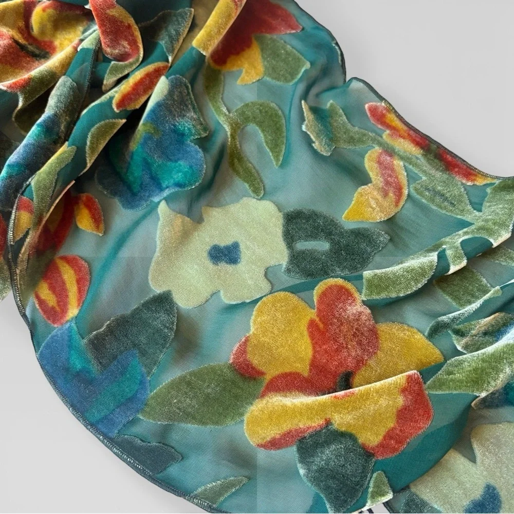 Vintage Multicolor Sheer Floral Velvet Burnout Scarf Fringe Boho Romantic